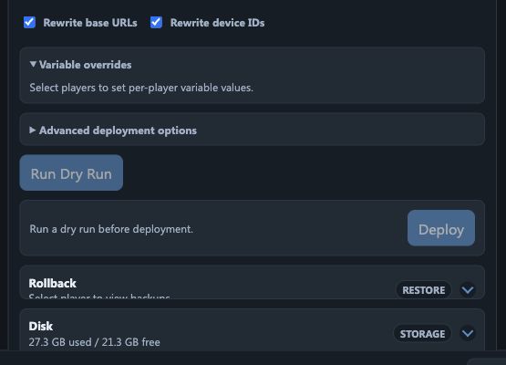 BrightBridge deployment controls showing rewrite settings, variable overrides, advanced options, Run Dry Run, Deploy, Rollback and Disk panels