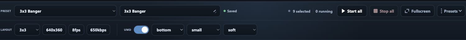 BrightBridge Multiview controls for presets, selected and running counts, grid size, stream quality and on-screen labels